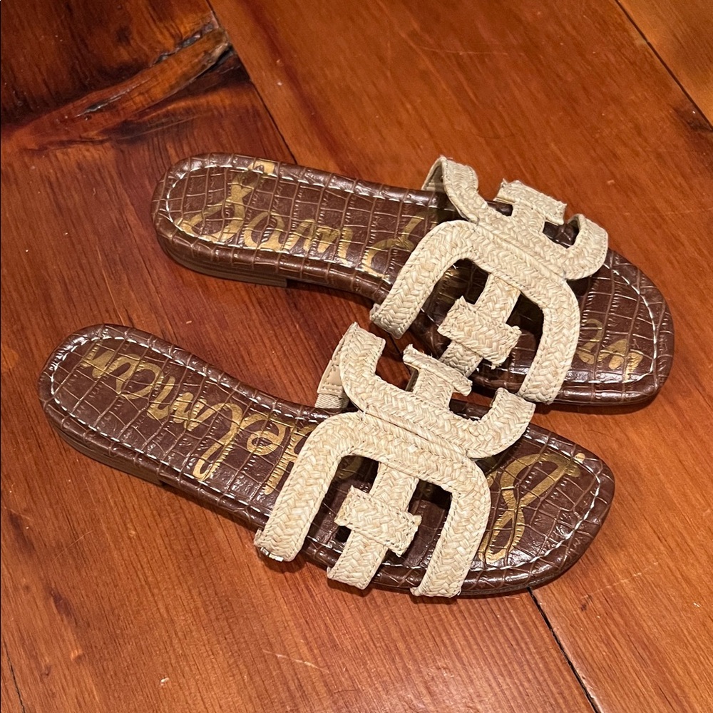 Sam Edelman Woven Logo Double-Strap Slides in Beige Rafia